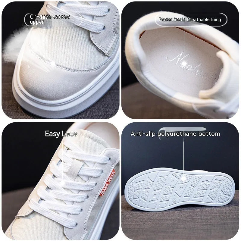 Women's pink leather platform shoes with thick soles for height increase