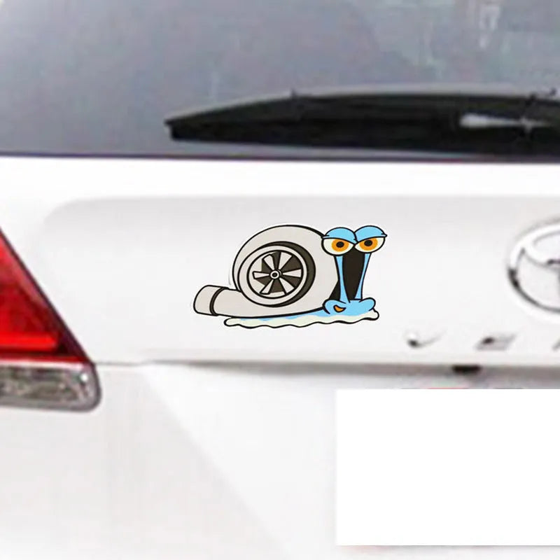 White cartoon snail reflective vinyl car sticker measuring 12 by 8 centimetres