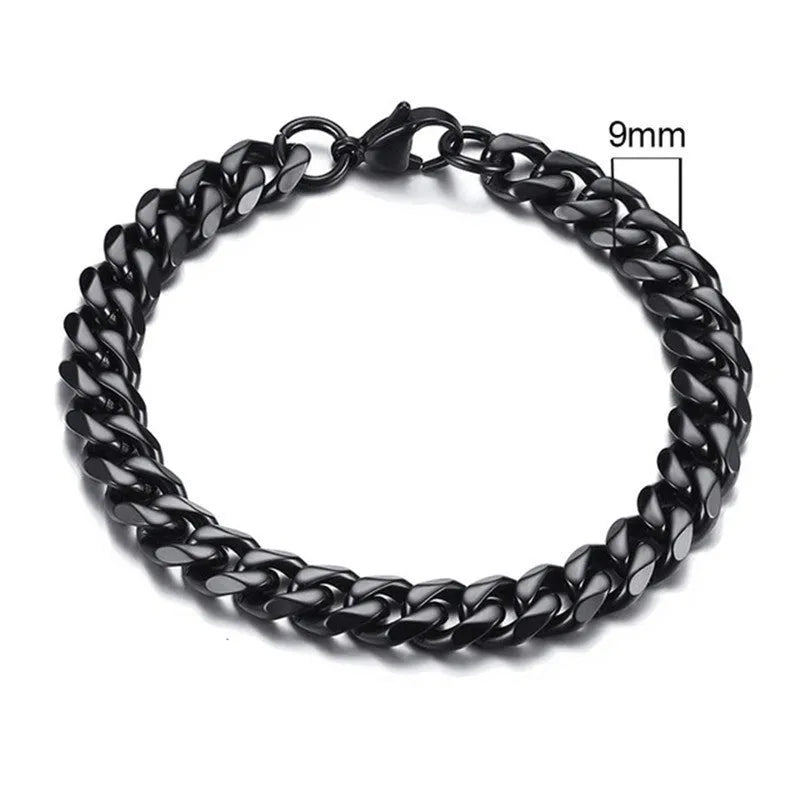 Six-sided Cuban link chain metal bracelet shown in gold, black and steel colour finishes with different width options.
