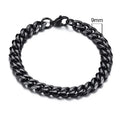 Six-sided Cuban link chain metal bracelet shown in gold, black and steel colour finishes with different width options.