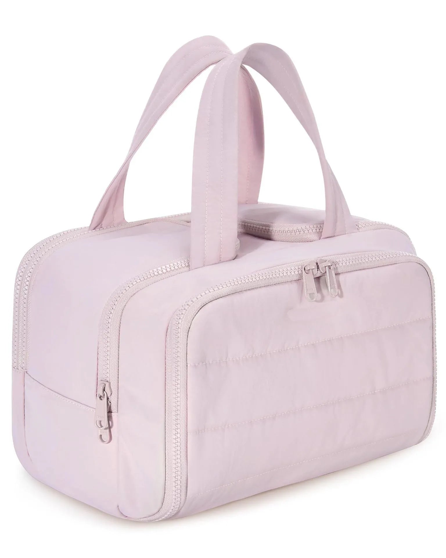Large wide open travel toiletry bag in lightweight polyester with fluffy texture, showing interior space