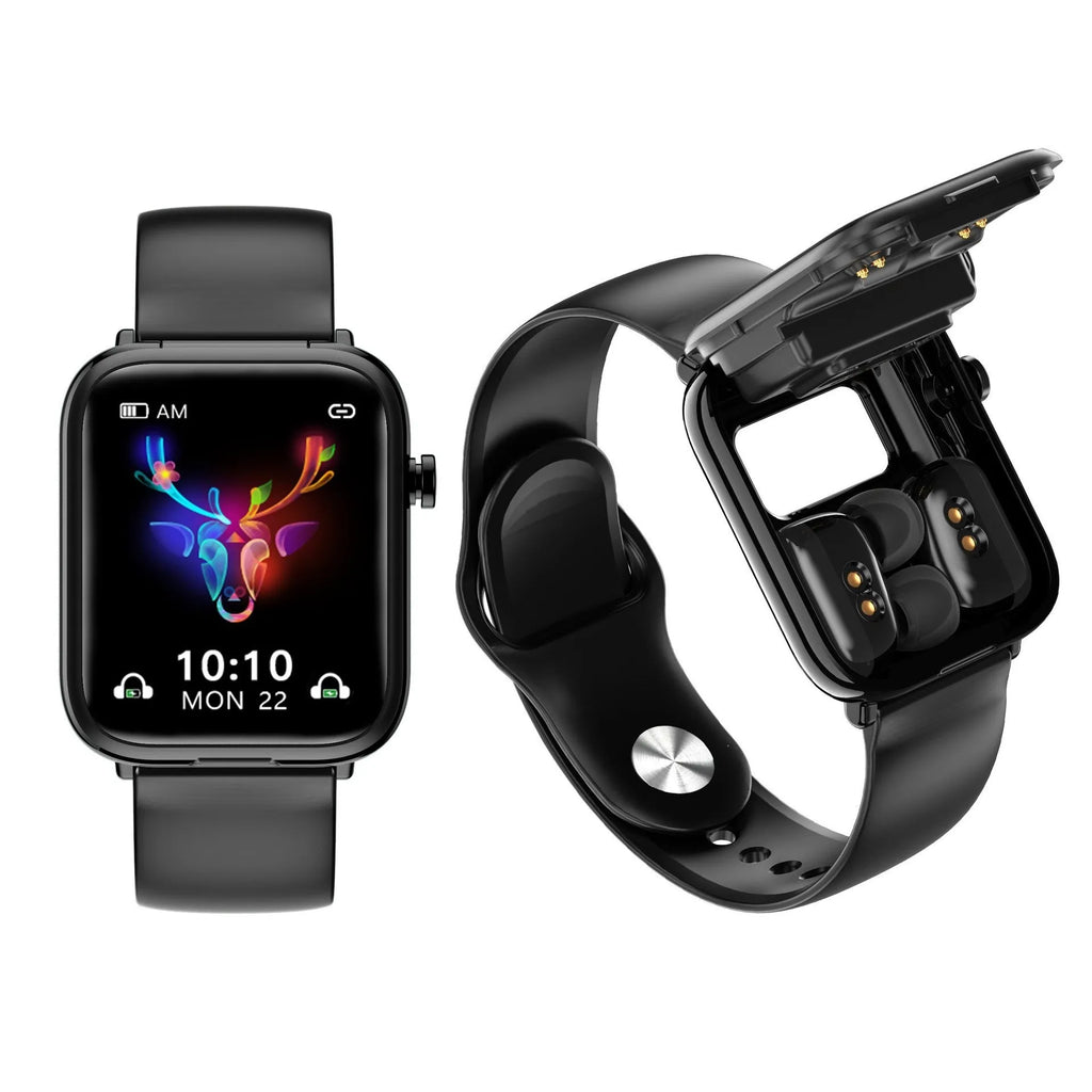 Black smartwatch with 1.69-inch screen and integrated Bluetooth headset stored in charging case.