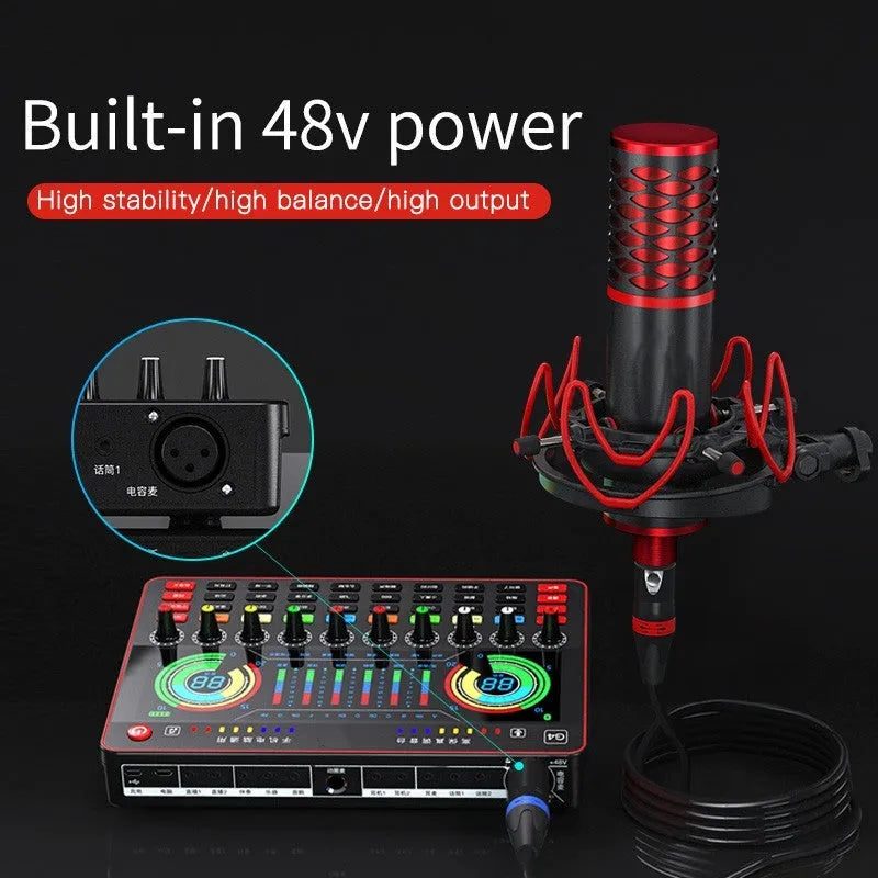 G4 professional live sound card set with LCD display, control knobs, remote, cables, and a dynamic microphone.