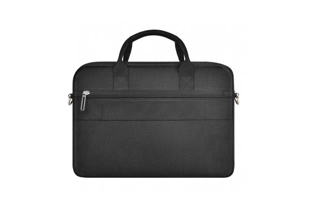 Black Oxford cloth laptop rucksack with multiple pockets and a lock, shown fitting a 15.6-inch laptop.