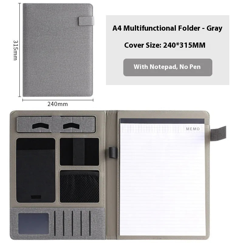 Leather A4 business folder in black with optional pen and notepad accessories