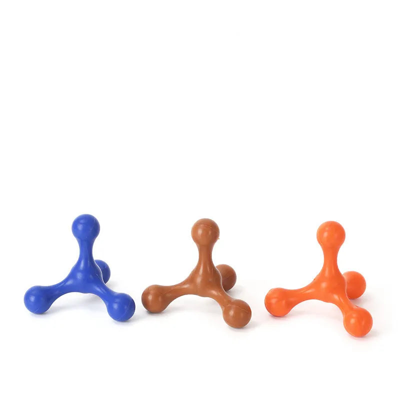 Blue silicone dog chew toy with three flexible legs for teething puppies