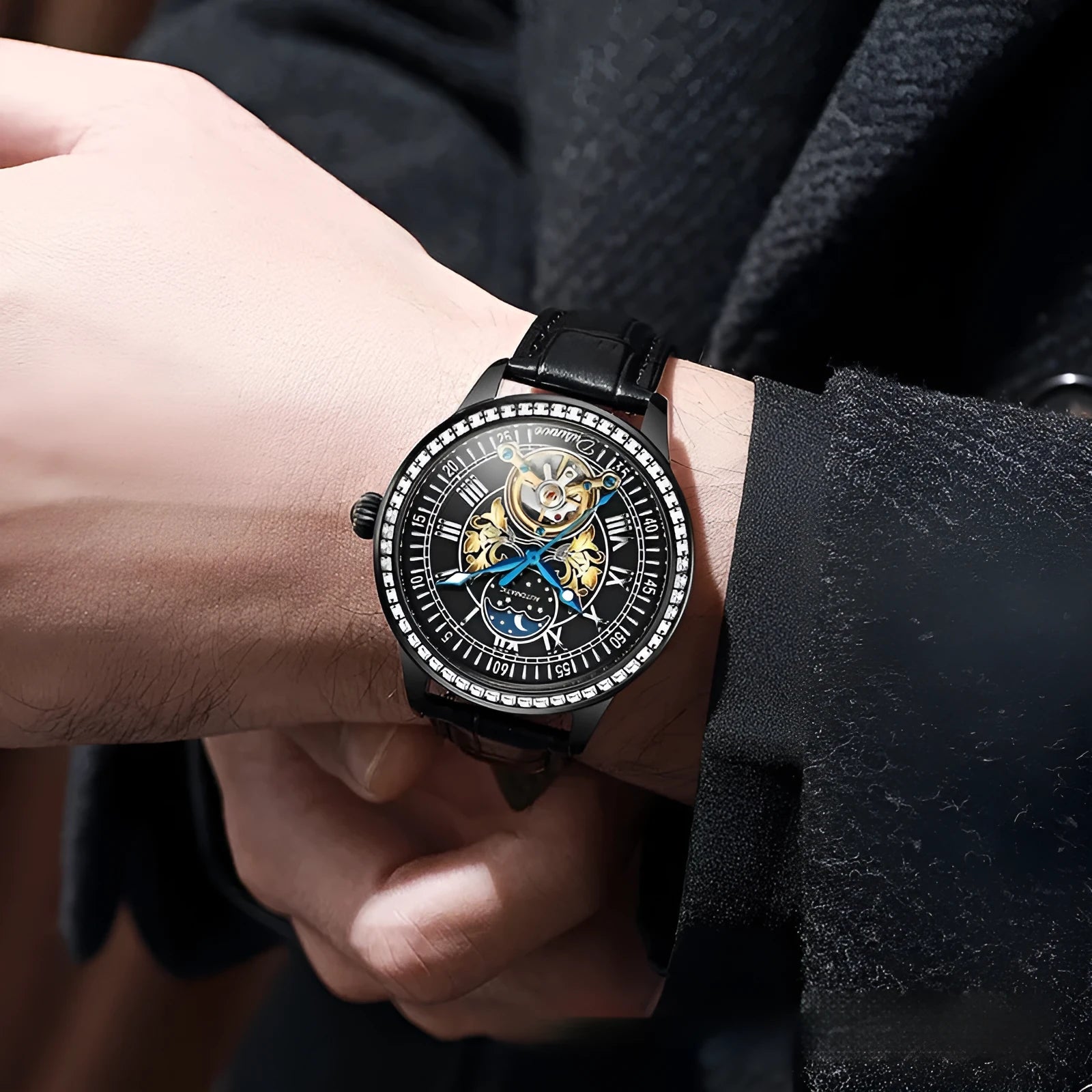 Men's stainless steel mechanical watch with round dial, transparent case back, and butterfly buckle