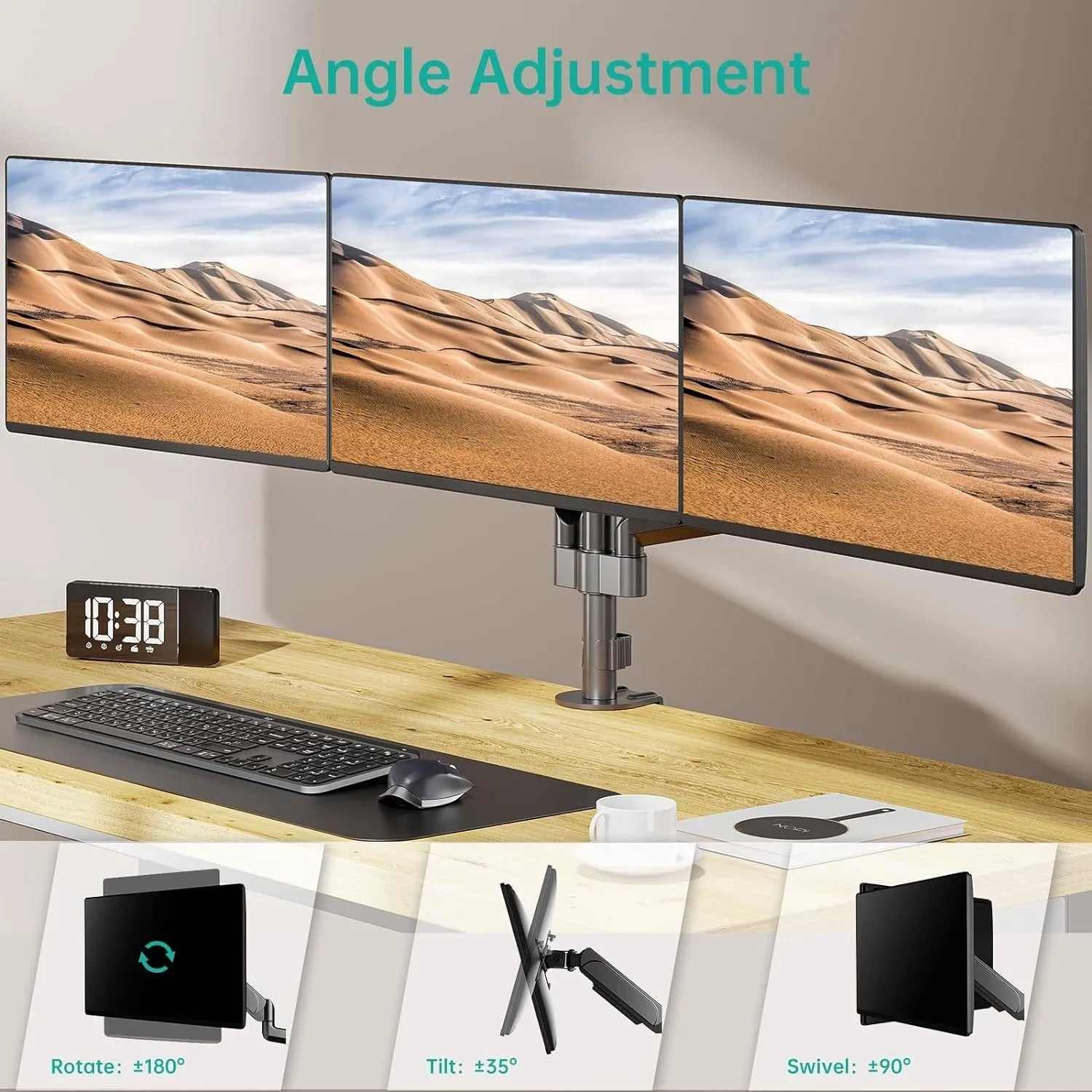 Black three-arm gas spring monitor mount for 27-inch screens with aluminium alloy construction