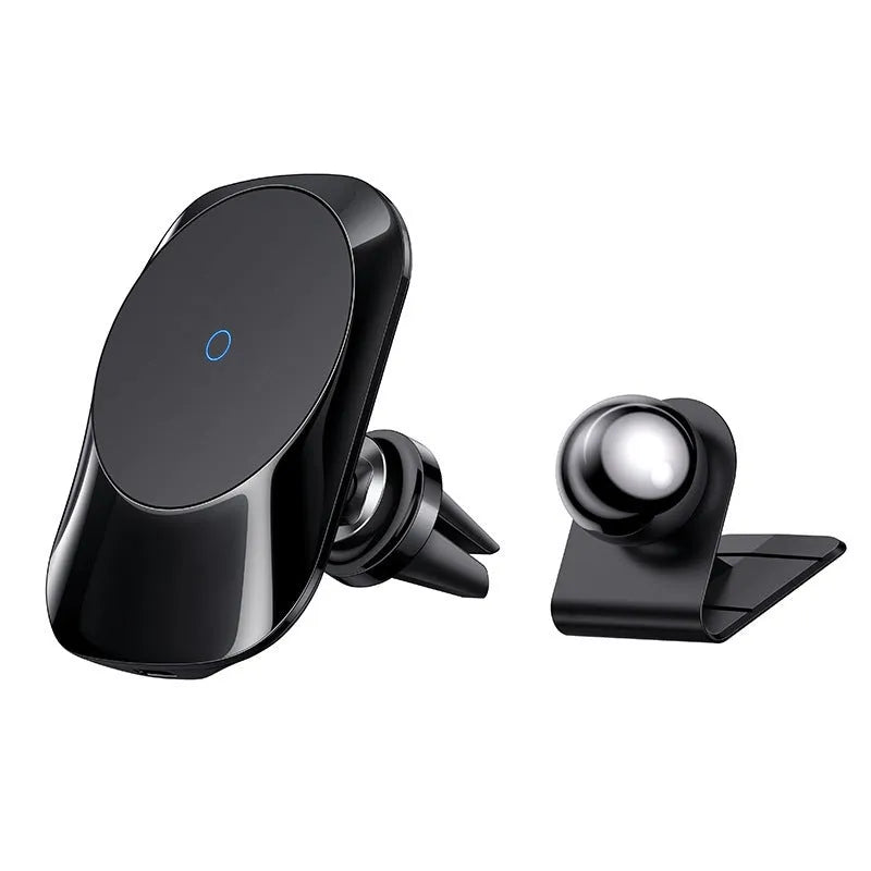 Black magnetic car wireless charging stand mounted on vehicle air vent with phone attached