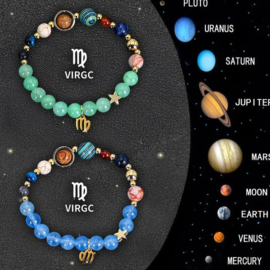 Natural stone beaded bracelets for twelve zodiac signs with adjustable thread closures