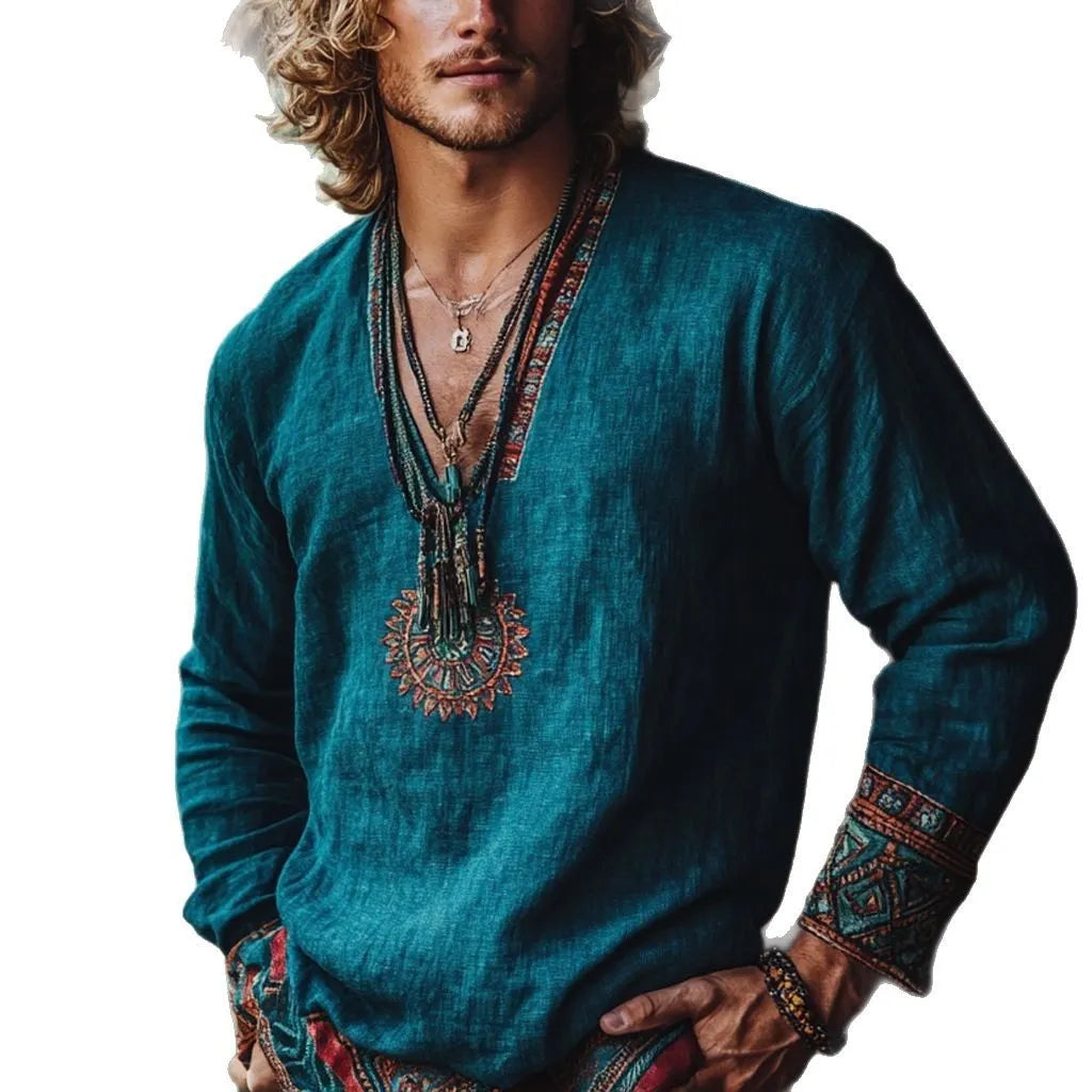 Vintage printed polyester long sleeve pullover top in European retro boho style