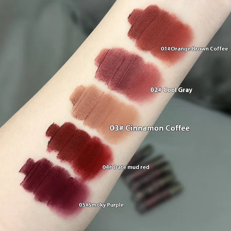 Lava Secret Matte Lip Mud Lipstick in shades orange brown coffee, cool grey, cinnamon coffee, jujube red, and smoked purple.