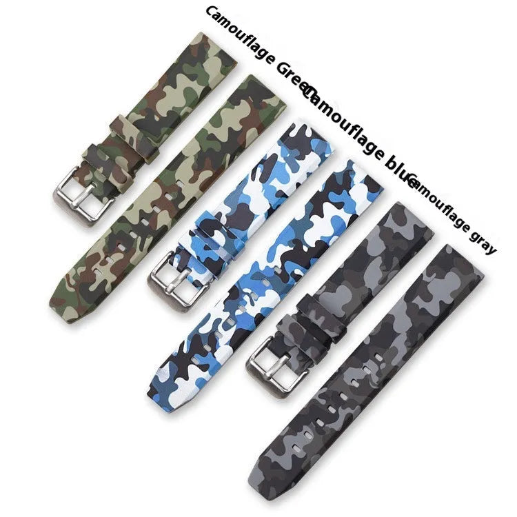 Camouflage silicone watch strap in green, blue, and grey patterns showing flat head design and three width options