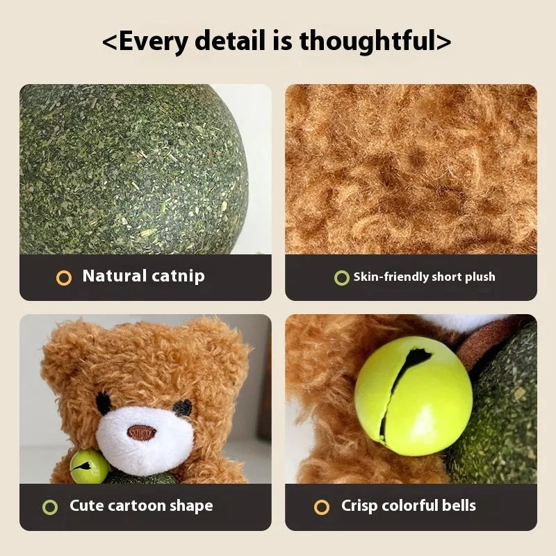 Plush cat toy with animal character and central mint ball containing catnip, featuring integrated bell for auditory stimulation during play