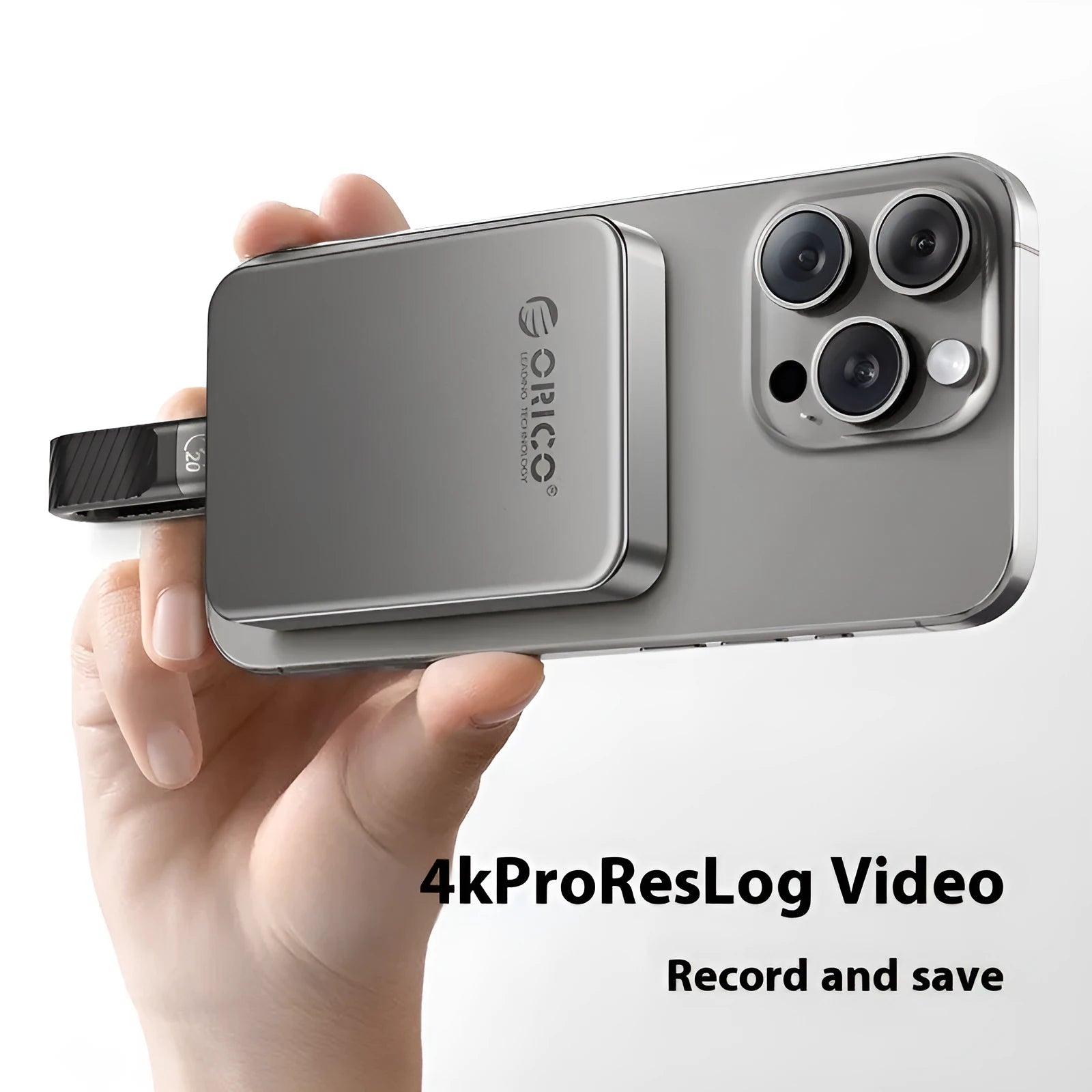 Grey magnetic mobile solid state drive with ultra-thin design showing dimensions and included accessories