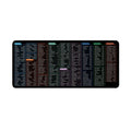 Large black office mouse mat with white printed English Windows shortcut keys and calculator placement area