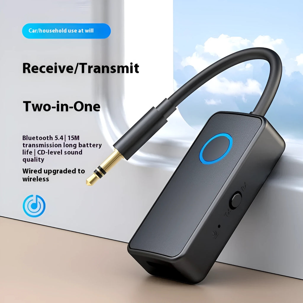 Black Bluetooth 5.4 audio adapter with a 3.5mm plug for transmitting and receiving wireless sound.