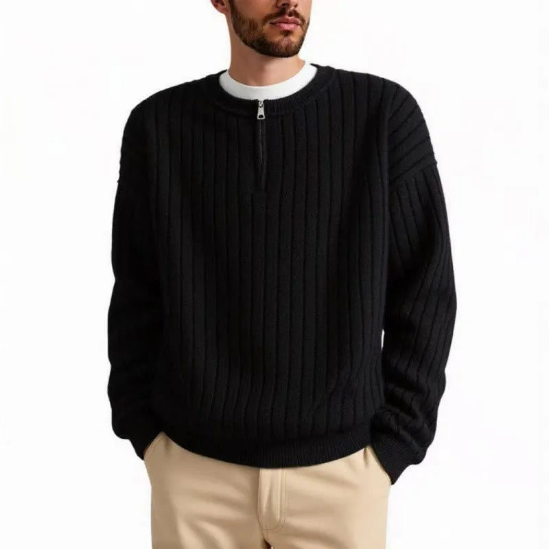 Men's grey half-zip textured knit sweater with loose fit and long sleeves