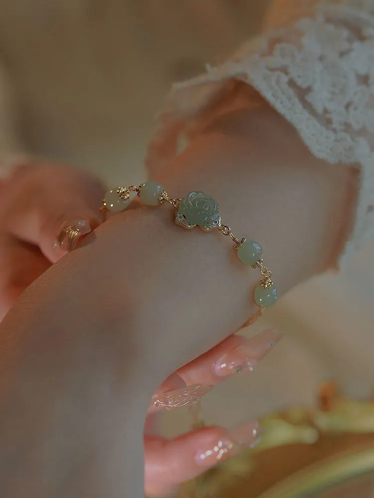 Women's Hetian jade bracelet with rose flower design and 14K gold plating