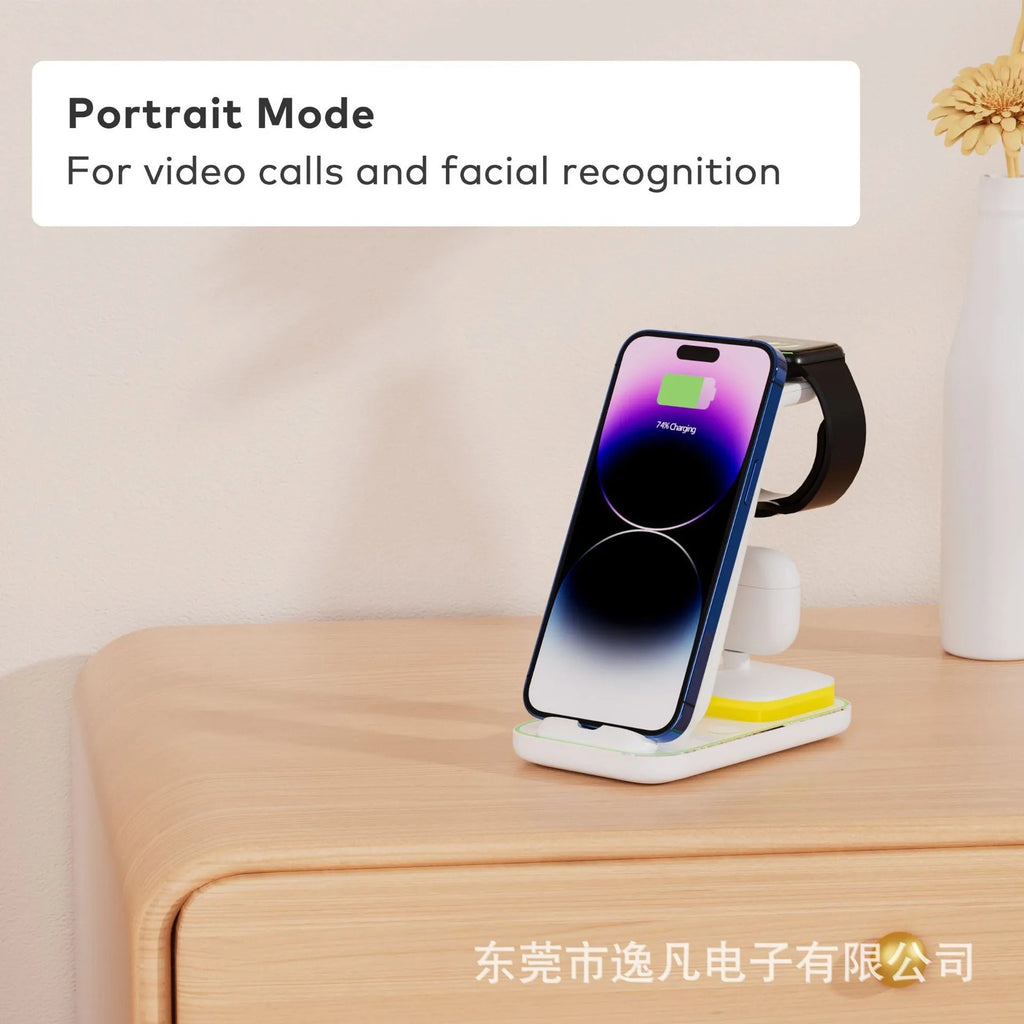Black vertical wireless charger showing phone charging upright with 15W fast charging capability