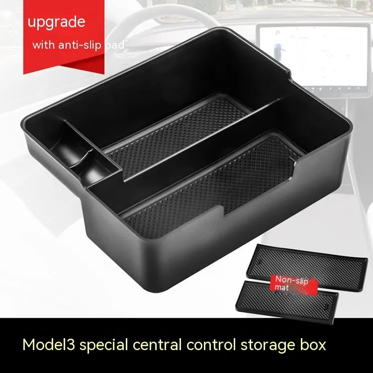 Plastic storage box designed for retrofitting into a Tesla Model 3, S, or X central control armrest.