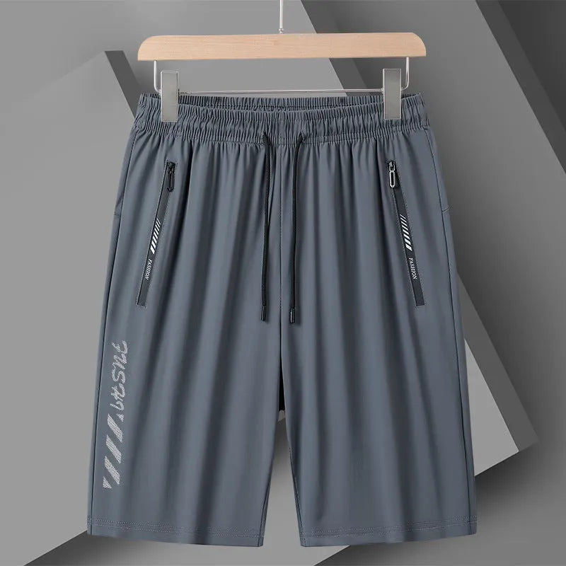 Men's black quick-dry loose fit sports shorts with elastic waistband on size chart