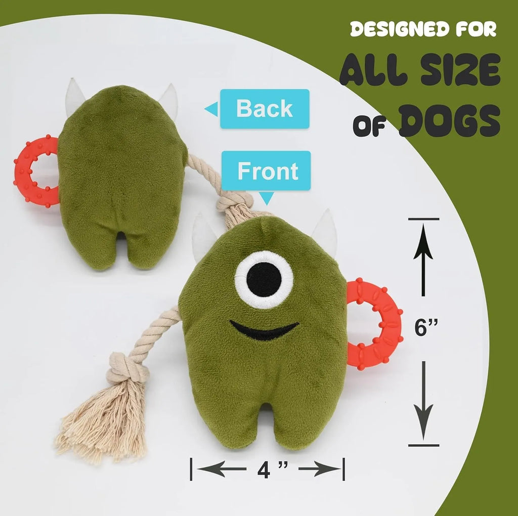 Blue and green monster-themed stuffed plush dog toy with integrated cotton rope and a squeaker.