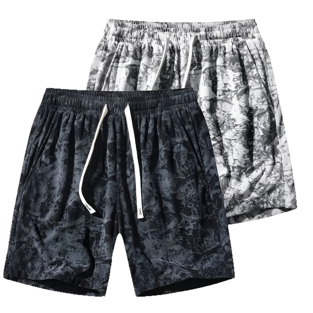 Men's camouflage patterned corduroy athletic shorts with straight leg and elastic waistband