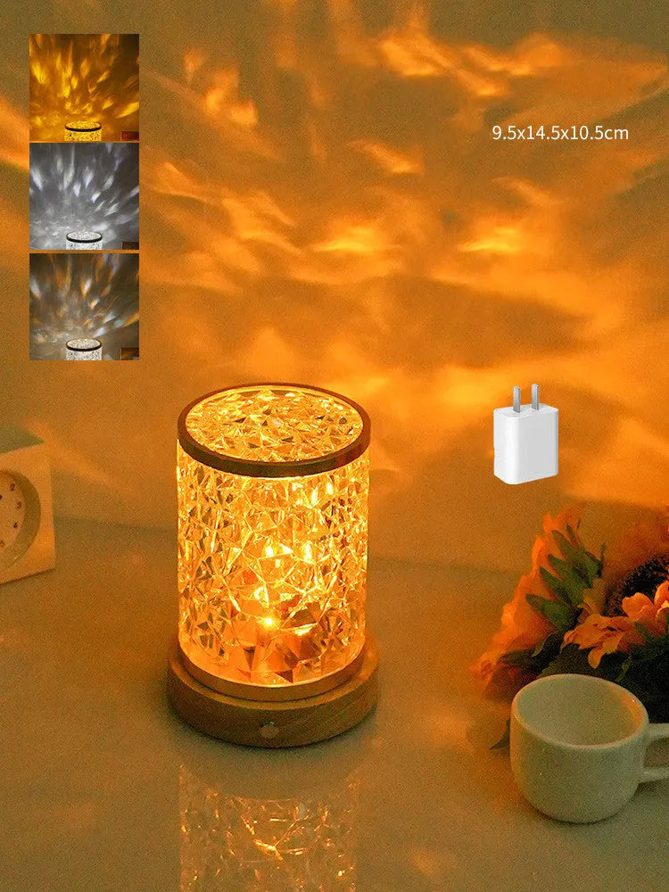 Rotating water ripple night light with solid wood base and USB charging cable