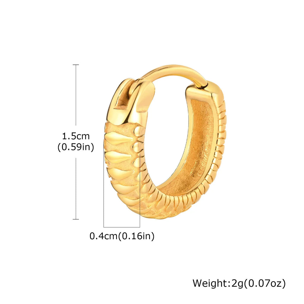 A pair of stainless steel earrings with a snake pattern design in black or gold.