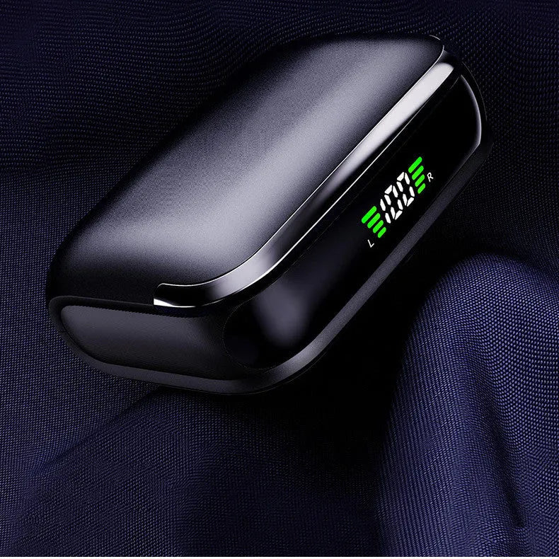 Black wireless Bluetooth ear hook headset with smart noise reduction and Type C charging case