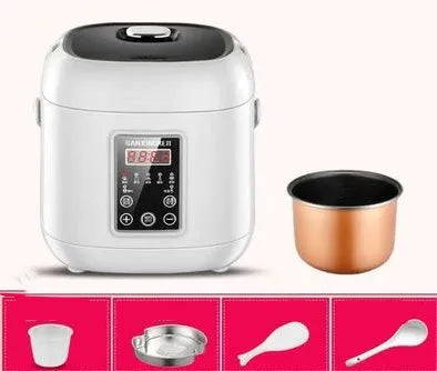 Compact round mini rice cooker with non-stick liner and steam pan for 1-2 person cooking
