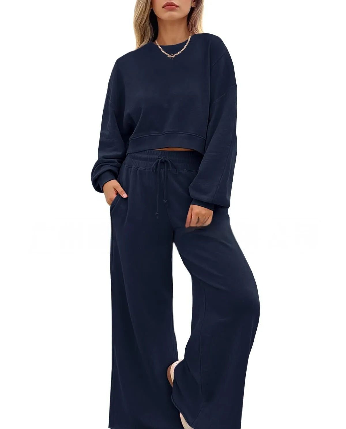 Women's solid colour two-piece set with long sleeves and trousers in street hipster style