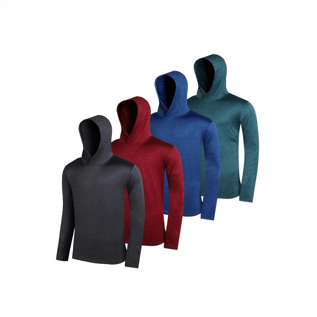 Men's lightweight hoodie four-pack in elastic polyester fibre showing colour options and hooded styles