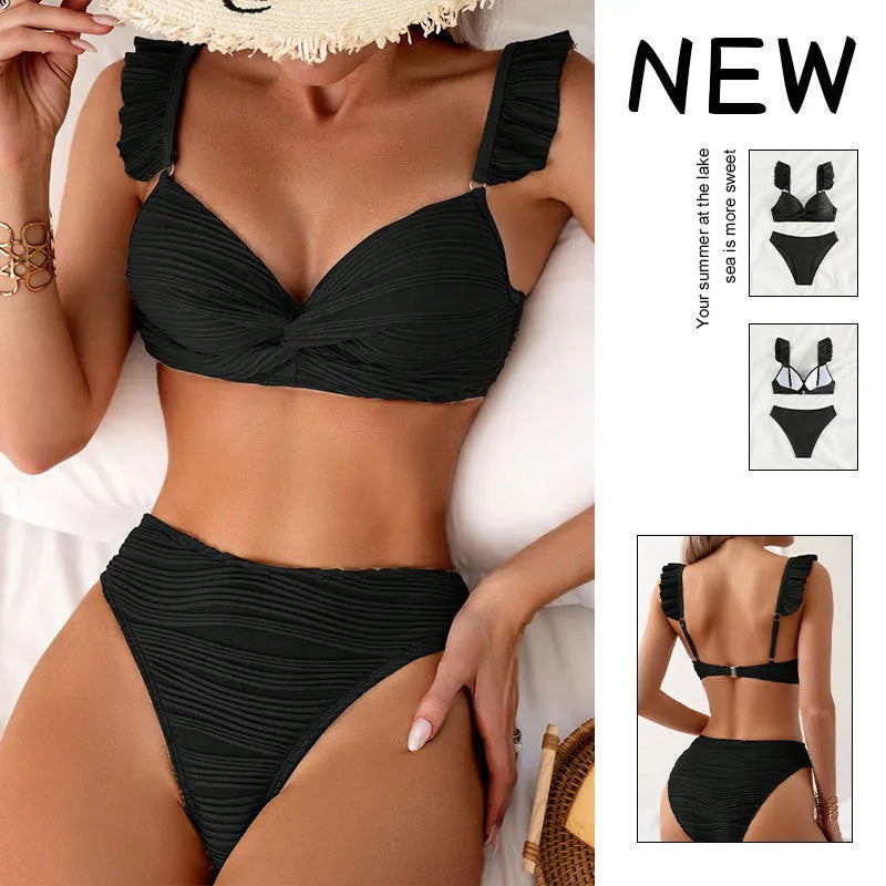 Women's solid colour bikini swimsuit in polyester fabric showing black and khaki colour options