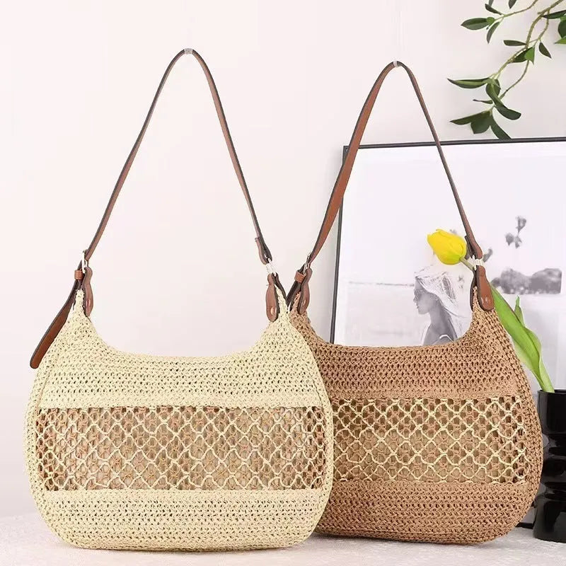 Women's khaki straw cross body bag with horizontal square shape and shoulder strap