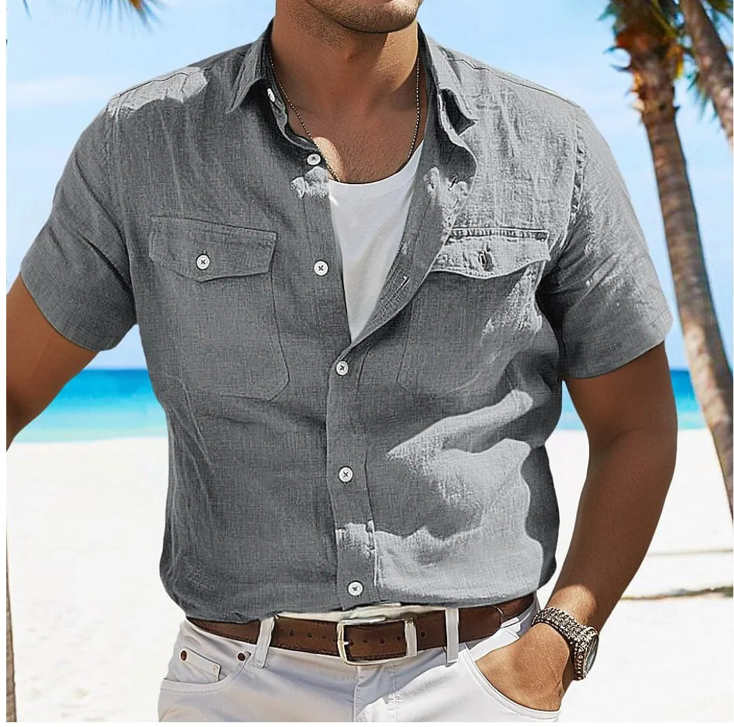 Men's cotton linen summer shirt with polo collar and long sleeves in loose fit style