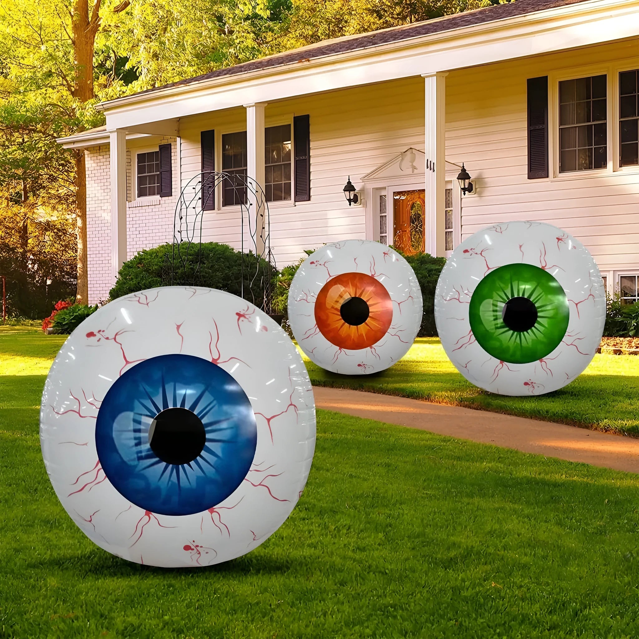 Halloween eyeball inflatable balloon with bloodshot design in red, showing automatic seal and spherical shape.