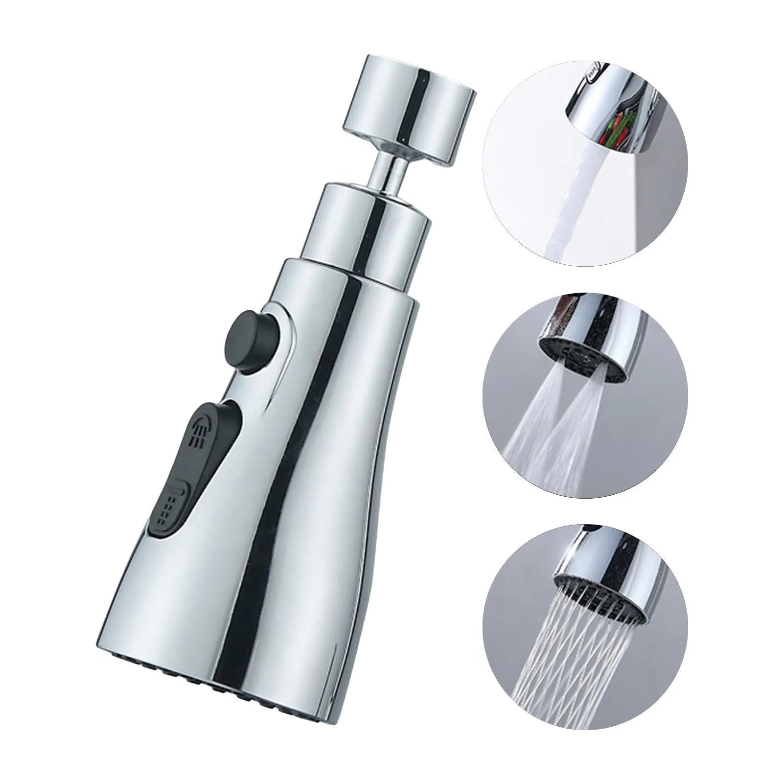 Silver universal pressurised kitchen faucet sprayer with rotating head and three-mode selector