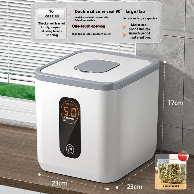 Grey plastic sealed rice storage jar with measuring cup in 10kg, 20kg, or 30kg capacity.