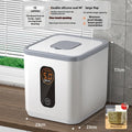 Grey plastic sealed rice storage jar with measuring cup in 10kg, 20kg, or 30kg capacity.