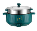 White and green electric cooking pot with integrated heating element and non-stick stainless steel surface