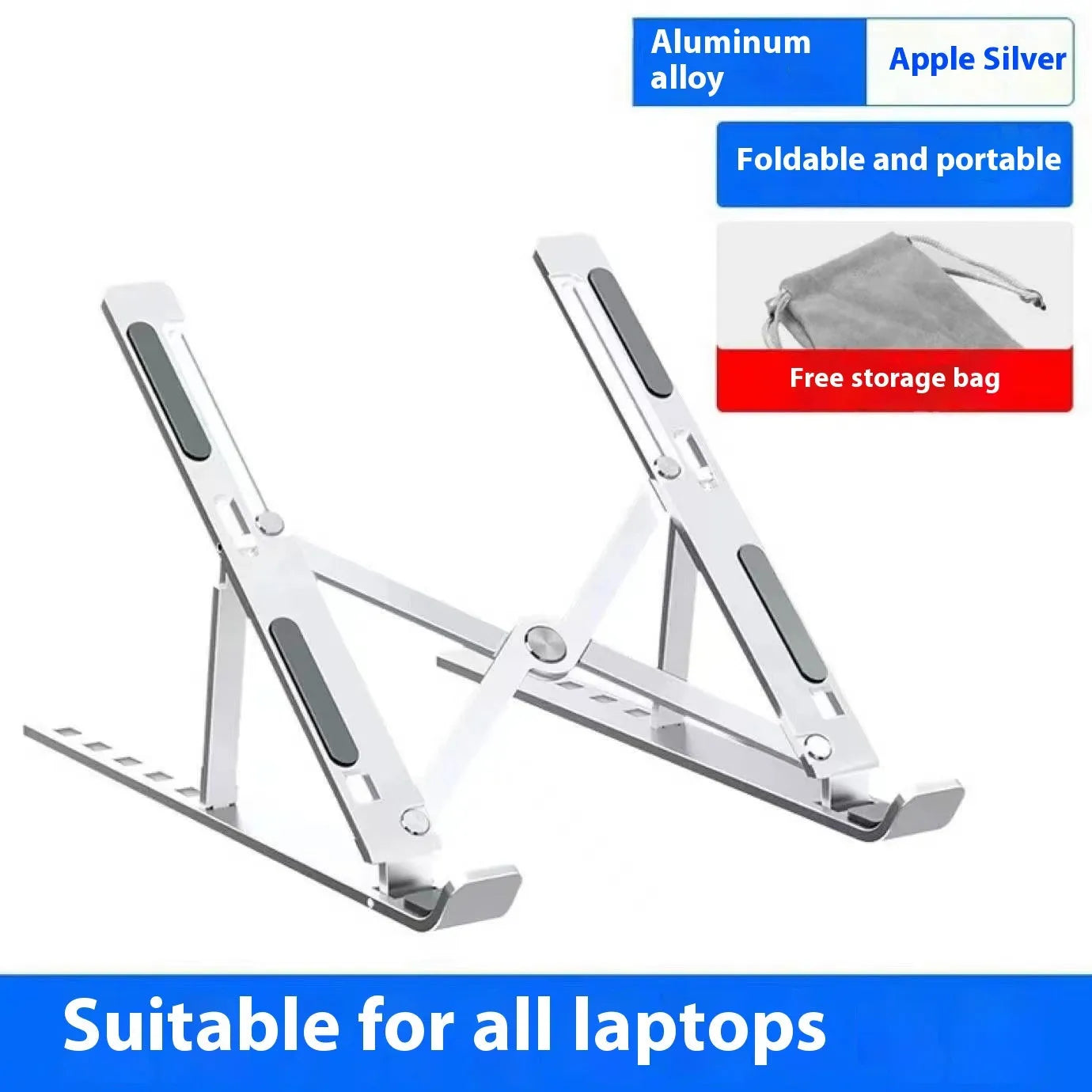 Silver aluminium laptop stand holding a notebook at an angle on a desk