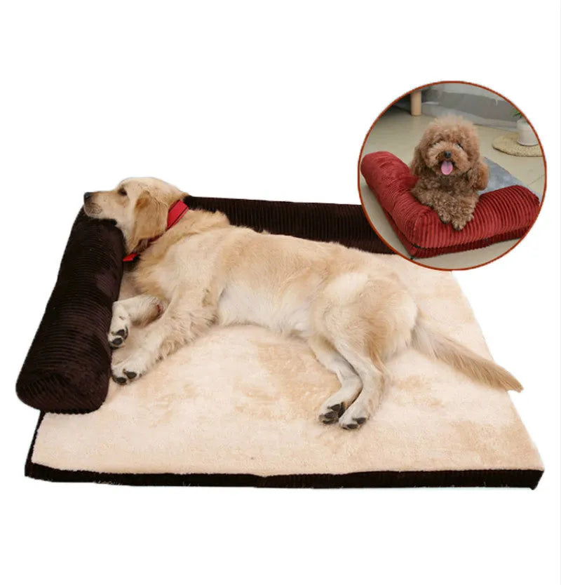 Corduroy fabric dog bed with bolster sides in a choice of coffee, grey, or red colours on a non-slip base.