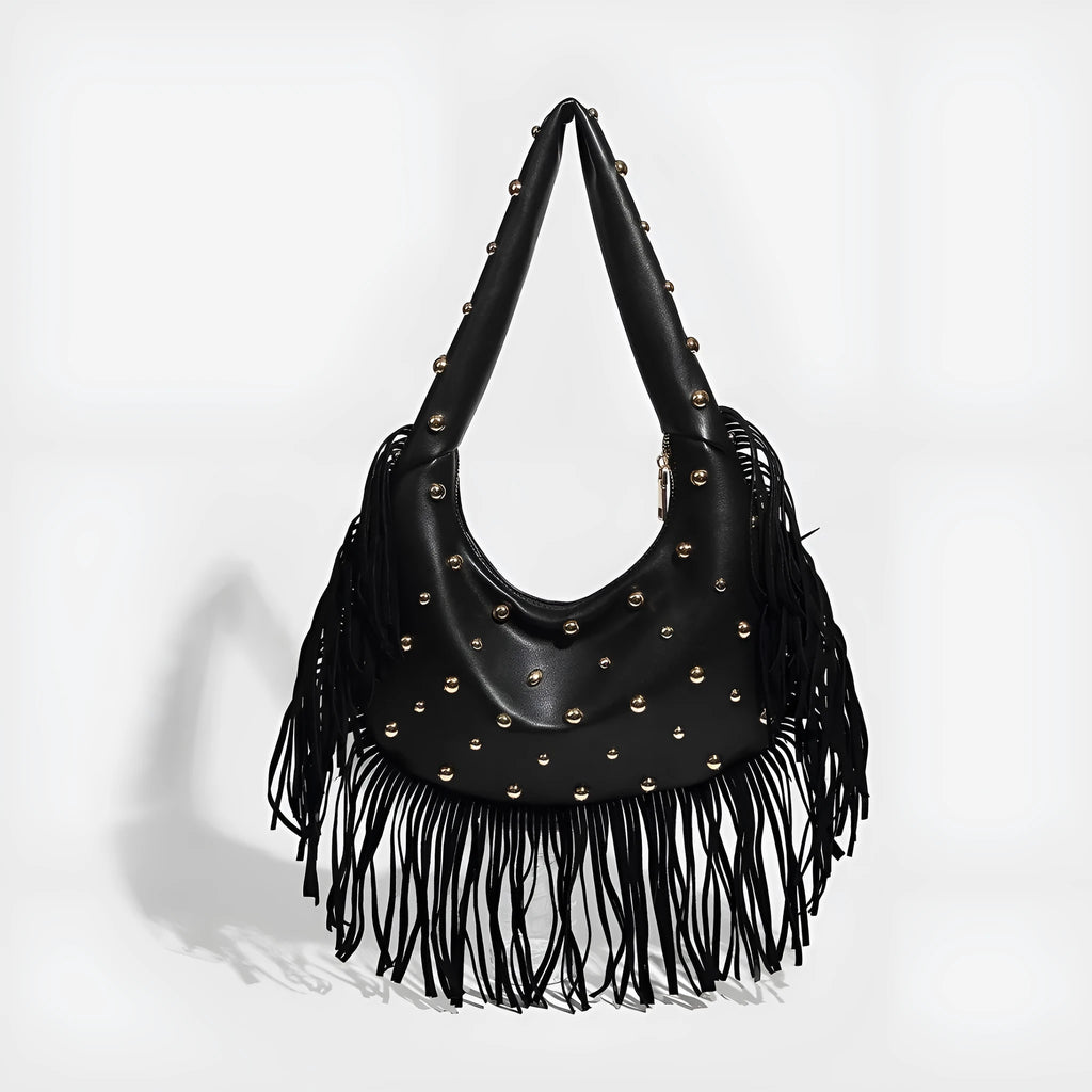 Retro personalised tassel shoulder handbag in black or wine red with internal phone pocket
