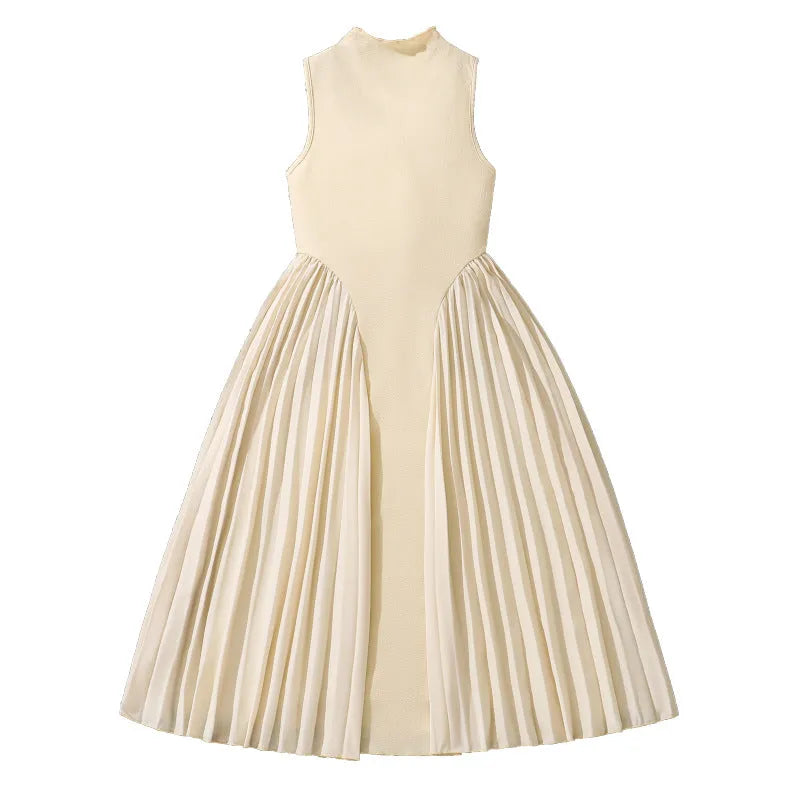 Girls' sleeveless formal dress with stand collar pleated stitching A-line skirt in Milky White cotton blend