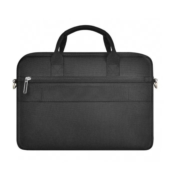 Black Oxford cloth laptop rucksack with multiple pockets and a lock, shown fitting a 15.6-inch laptop.
