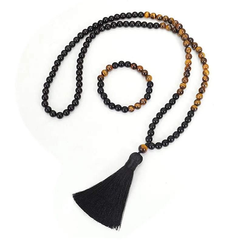Tiger eye stone tassel pendant necklace bracelet with drop shape design and ball bead chain