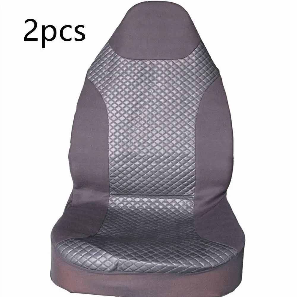 Black quilted automotive seat cover made from PU and polyester fabric, shown with plastic attachment hooks.