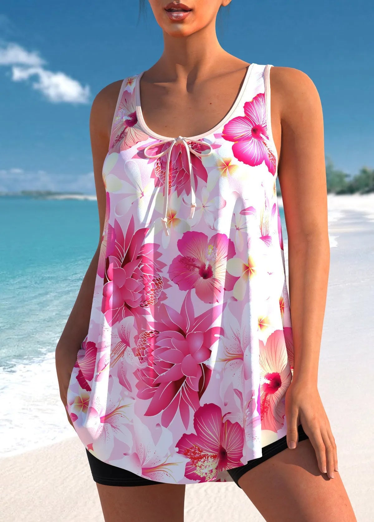 Pink printed plus size tankini swimsuit with high waist briefs and backless design